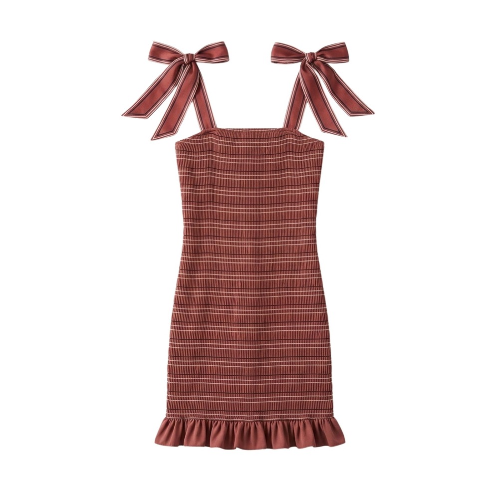 Storia Smocked Bodycon Dress Women Small Mauve Tie Shoulder Ruffle SD1652